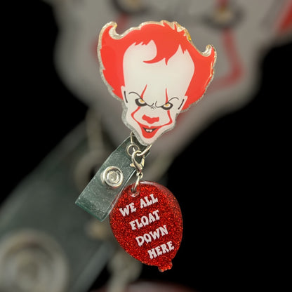 IT-Inspired Evil Clown Badge Reel with Balloon Charm – ‘We All Float Down Here