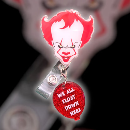 IT-Inspired Evil Clown Badge Reel with Balloon Charm – ‘We All Float Down Here