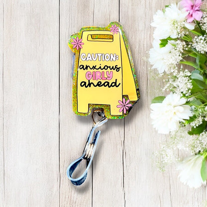 Anxious Girly Ahead Wet Floor Sign Badge Reel