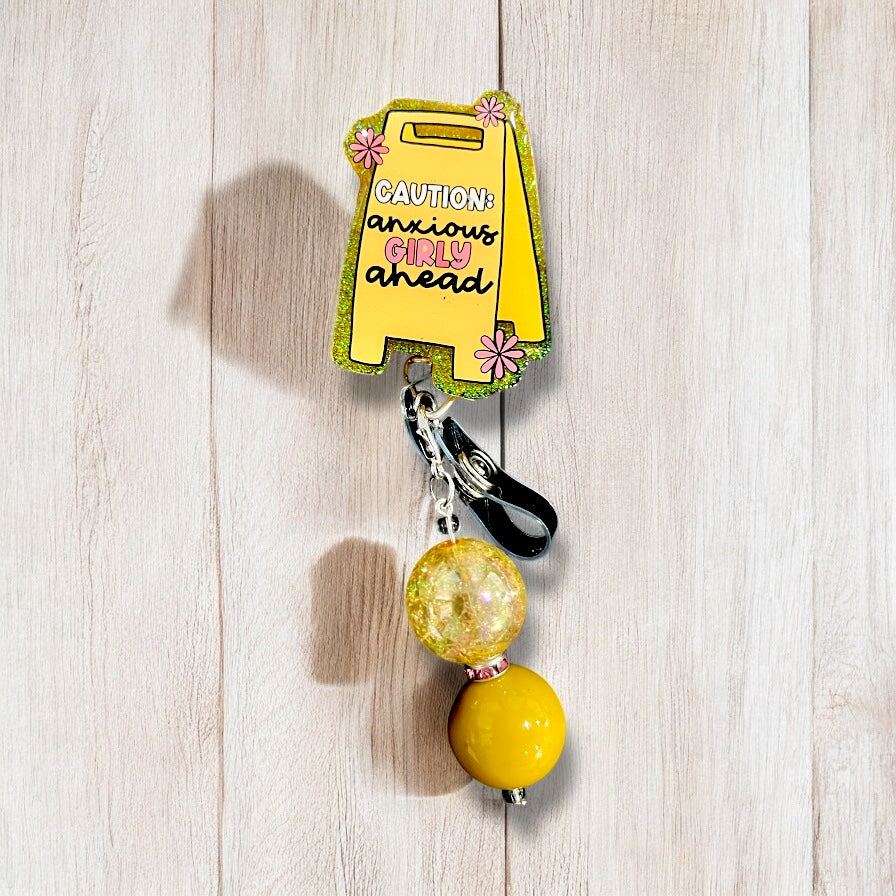 Anxious Girly Ahead Wet Floor Sign Badge Reel